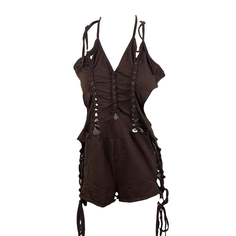 Dolls Kill Darker Wavs Cutout Lace-Up Romper Women’s XXL Halter Micro Shorts